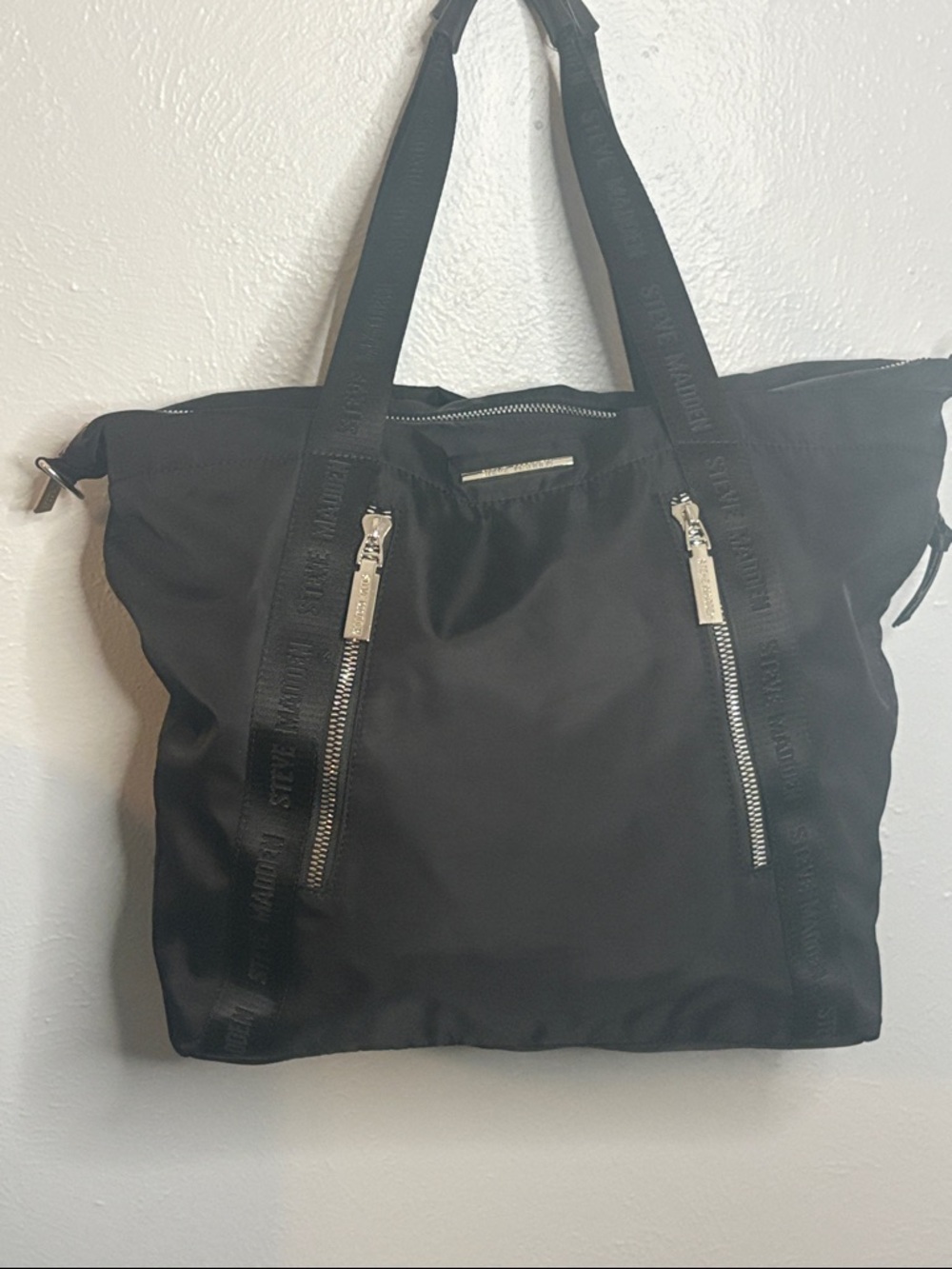 Steve Madden Black Nylon Shopper with Silver Hardware